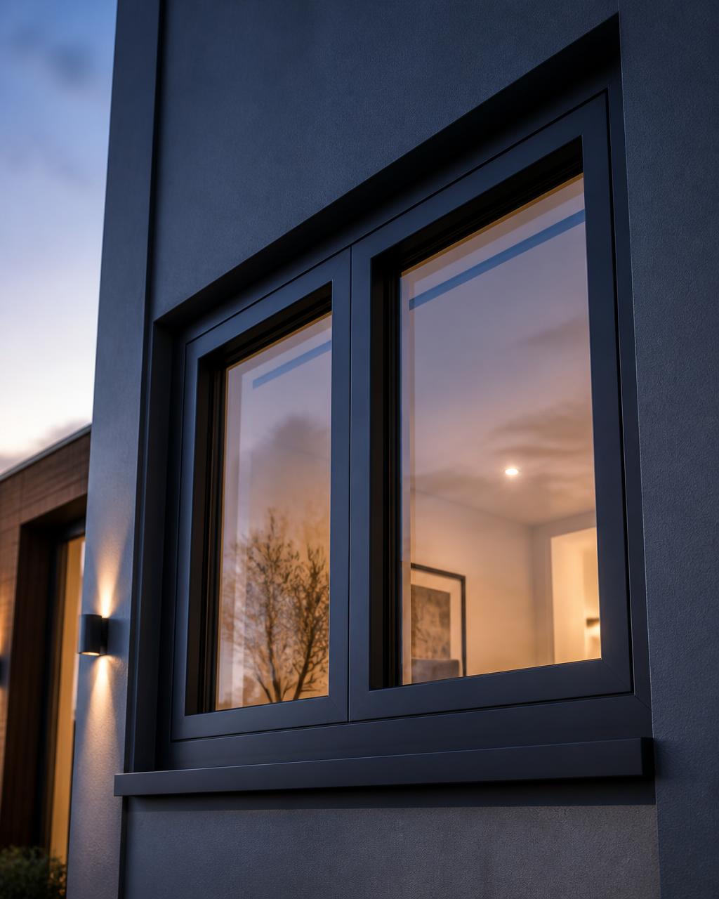 Châssis moderne double vitrage en aluminium au crépuscule, lumière intérieure chaleureuse